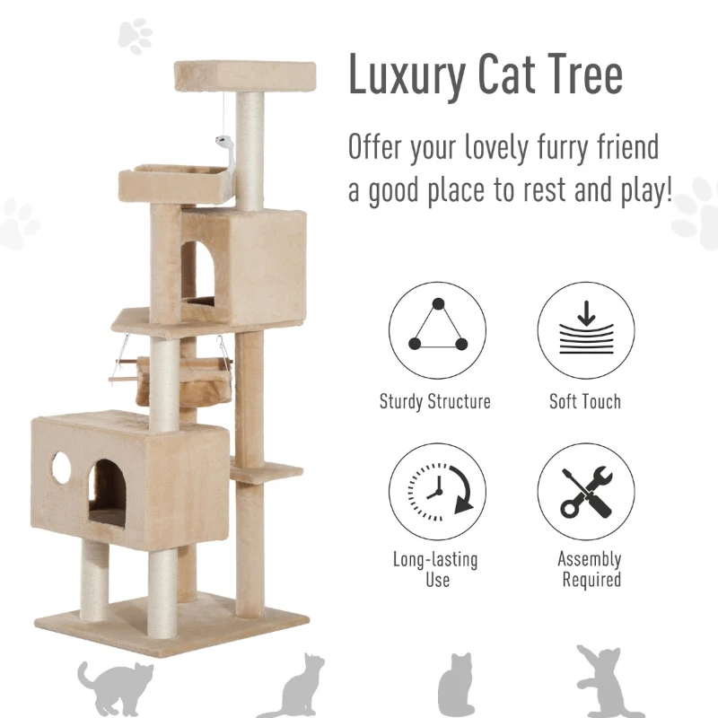 Pawhut 65.2 Inch Cat Tree Scratching Post Pet Furniture with Condo, Hammock, Toy - Beige