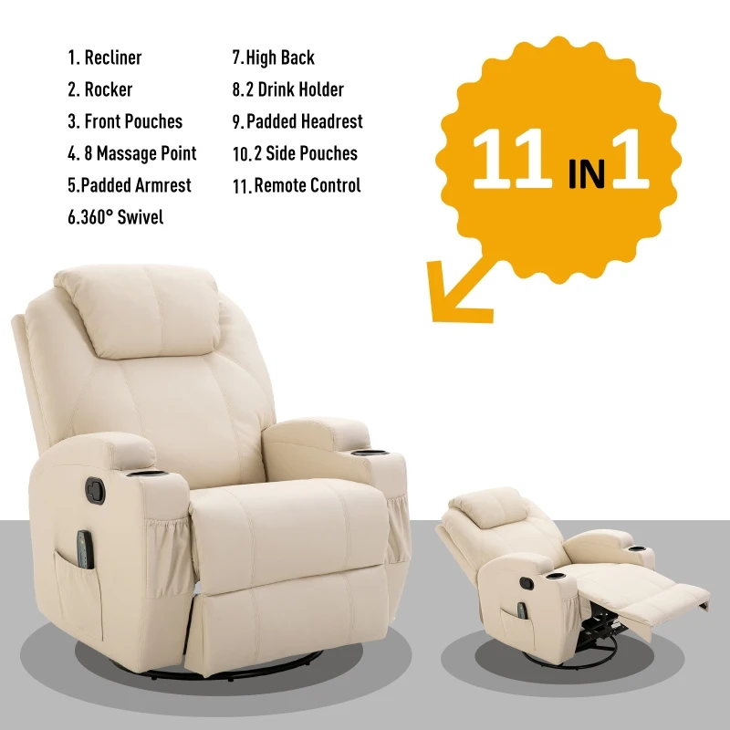 HOMCOM PU Leather Massing Recliner with 8-Point Vibration, Cup Holders, Manual Pull Handle and 360 Swivel, Beige