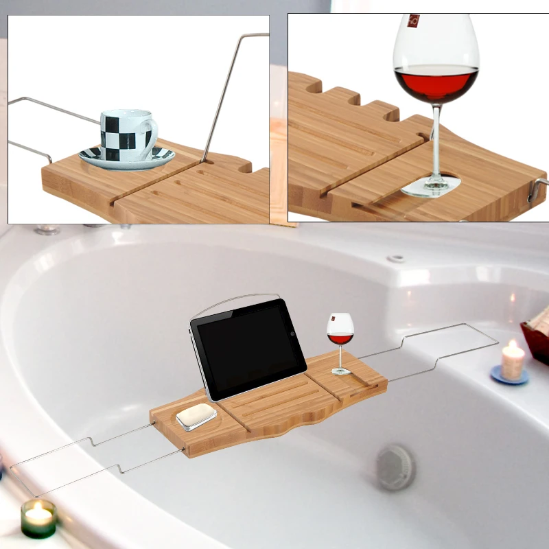 HOMCOM Bathtub Caddy Shelf Bath Tub Holder Bathroom Tray Wine Book Rack Stand