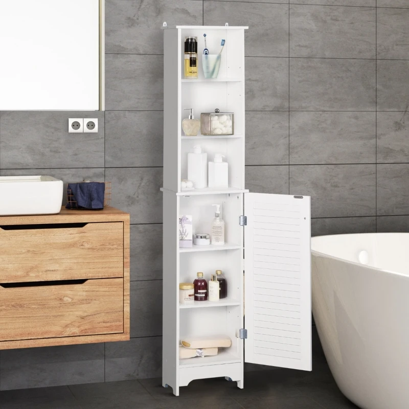 HOMCOM Tall Bathroom Storage Cabinet/Freestanding Linen Tower with 3-Tier Open Adjustable Shelf and Cupboard, White
