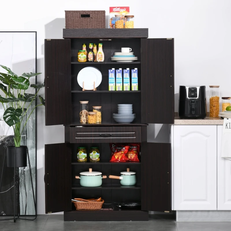 HOMCOM 71" Freestanding Kitchen Pantry Cabinet, Tall Storage Cabinet with 4 Doors and Drawer for Dining Room, Coffee