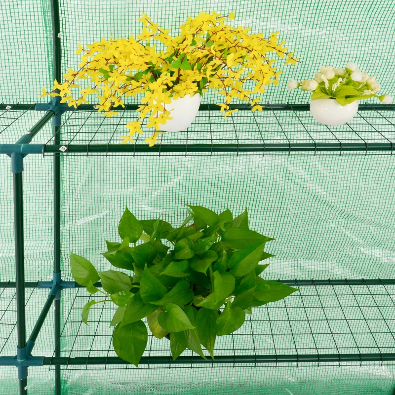 Outsunny 10' x 5' x 7' Lean to Greenhouse, Walk-In Wall Green House Plant Nursery with 2 Roll-up Doors and Window, PE Cover and 3 Wire Shelves, Green