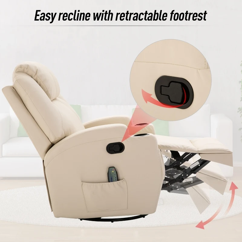 HOMCOM PU Leather Massing Recliner with 8-Point Vibration, Cup Holders, Manual Pull Handle and 360 Swivel, Beige