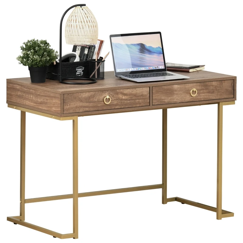 HOMCOM Modern Functional Computer Desk, Vanity Makeup Table with Two Drawers, Metal Frame, Wood Effect Top and Gold Leg for Bedroom, Office