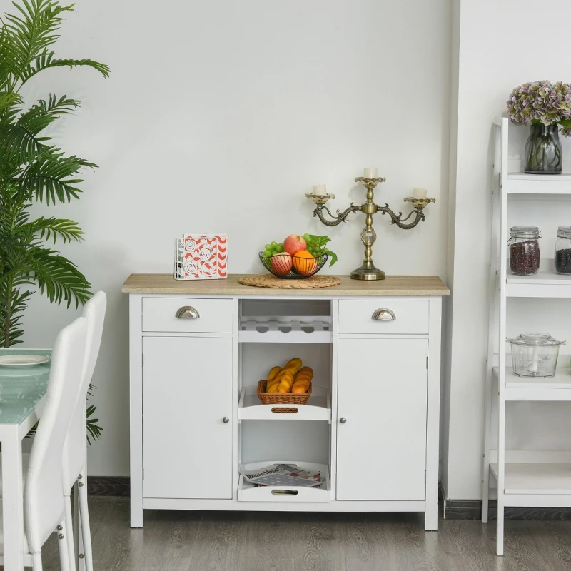 HOMCOM Wooden Storage Sideboard, Buffet Cabinet with Shelf, Wine Rack, 2 Drawers, White/Oak
