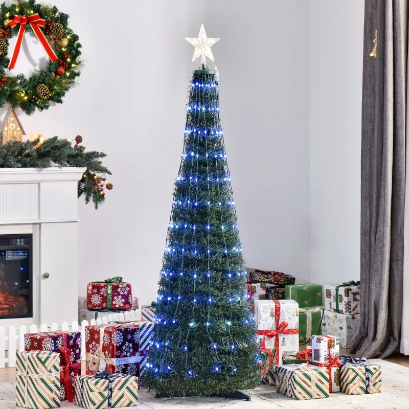 Outsunny 5ft Tall Pre-lit Slim Artificial Outdoor Christmas Tree Easy Assembly Pull Up Pop Out Yard Decoration with 234 Multi-Color LED Lights