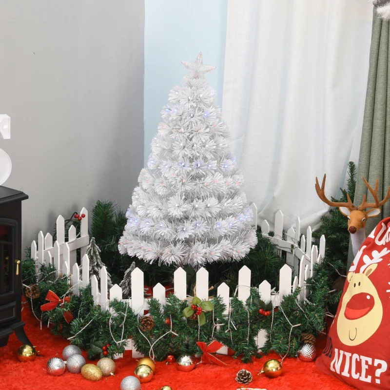 HOMCOM 3ft Tall Pre-Lit Douglas Fir Artificial Christmas Tree with Realistic Branches, 90 Multi-Color LED Lights, Fiber Optics, and 90 Tips, White