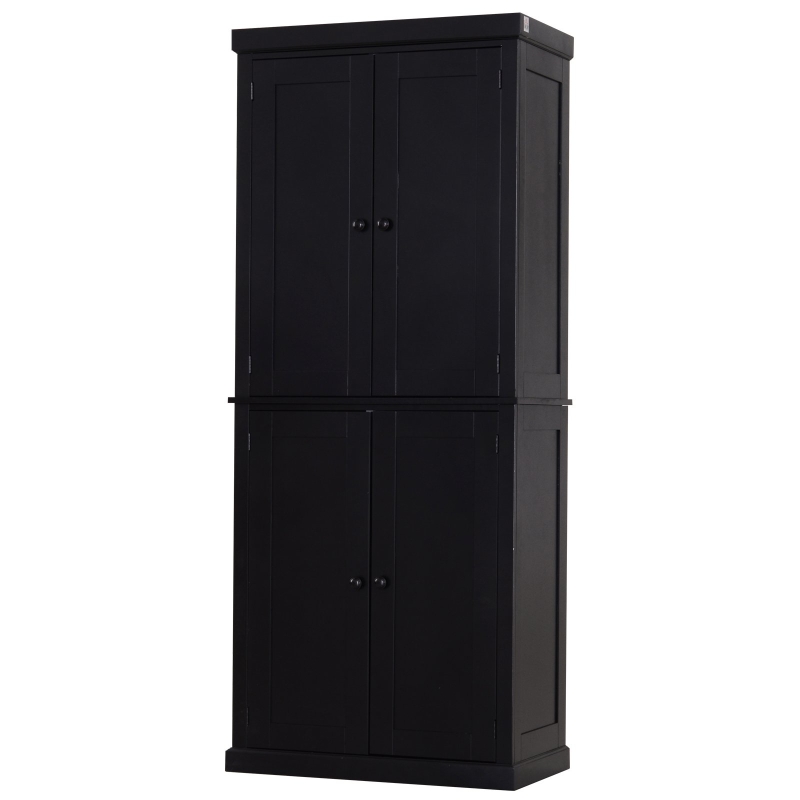 HOMCOM Natural Wood Grain Stand Alone Kitchen Pantry with Two Large Storage Areas and Adjustable Shelving - Black