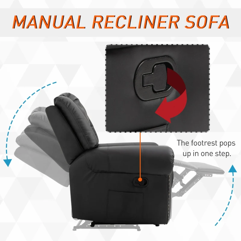 HOMCOM Recliner Chair Added Footrest Cushion Padded Seat Modern Nail Sofa PU Leather for Living Room Club Home Theater Seating, Black
