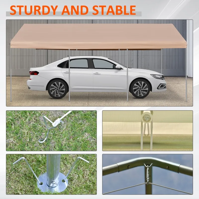 Outsunny 10&#39; x 20&#39; Heavy Duty Outdoor Carport Awning/Canopy with Weather-Fighting Material &amp; Anchor Kit, Brown