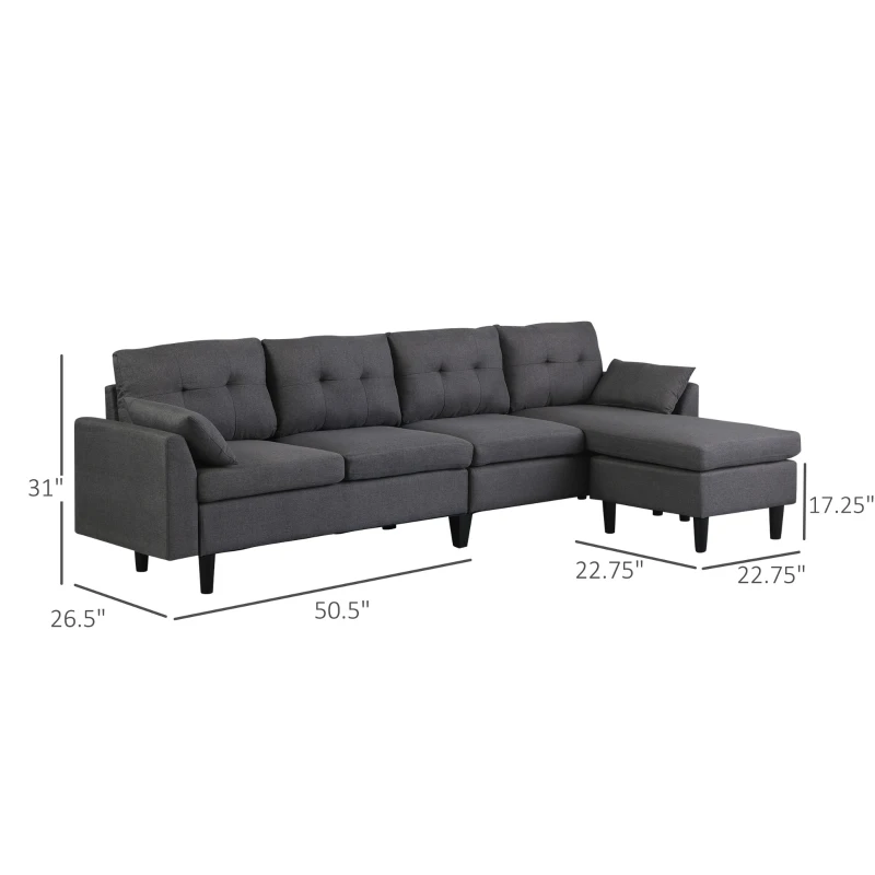 HomCom Elegant 3 Piece Sofa Chaise Lounge Set with Wooden Leg Footstool, & Large Multifunctional Loveseat - Grey