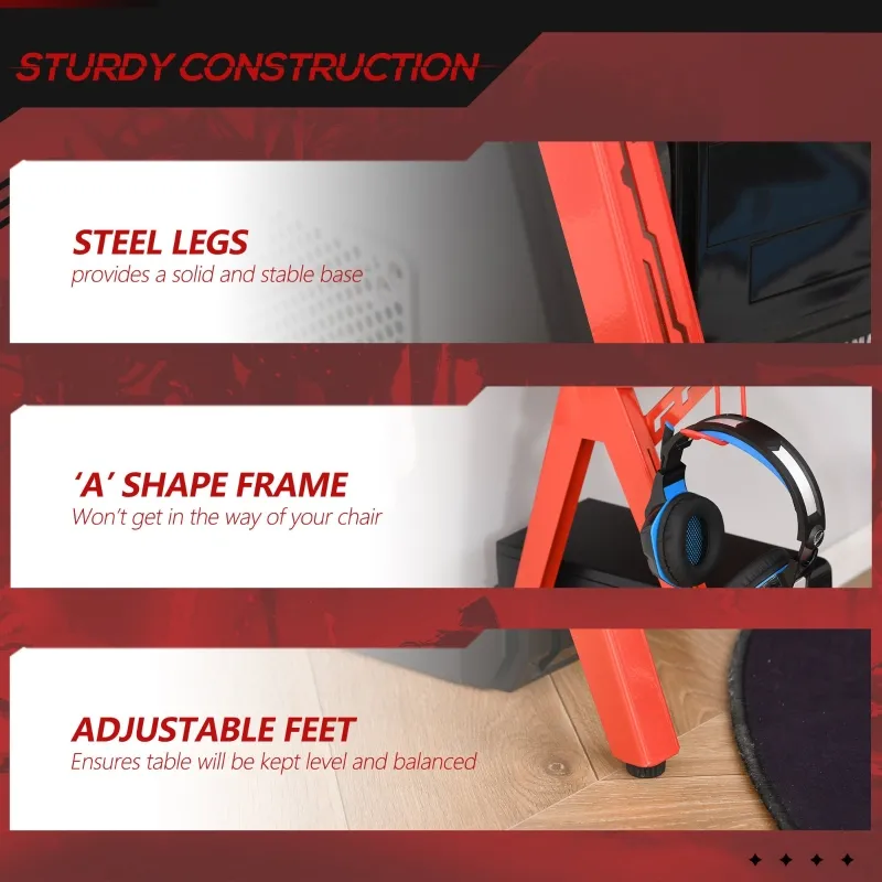 HOMCOM 53" Gaming Desk, Racing Computer Desk with Monitor Shelf, Gamepad Rack, Cup Holder, Headphone Hook, and Cable Basket, Red