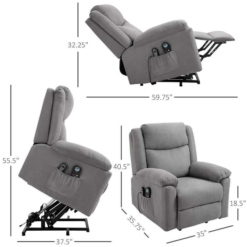 HOMCOM Electric Power Lift Recliner Massage Sofa Linen Surface w/ 8 Vibration Points 2 Remote, Living Room Office Furniture - Grey