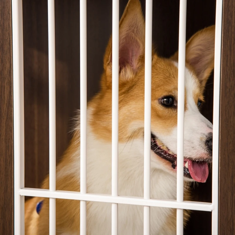 PawHut 34'' Wooden Dog Cage, Modern Wire Dog Crate, Pet Kennel with Door, Lock, Adjustable Foot Pads, for Small and Medium Dogs, Coffee and White