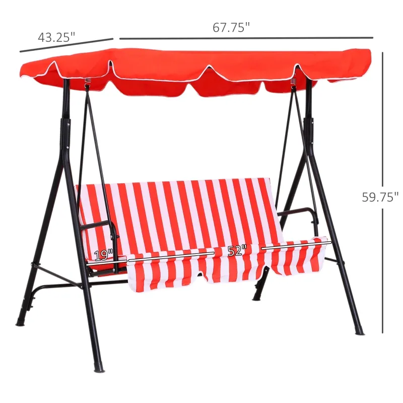 Outsunny 3-Seater Outdoor Porch Swing with Adjustable Canopy, Patio Swing Chair for Garden, Poolside, Backyard, Red and white