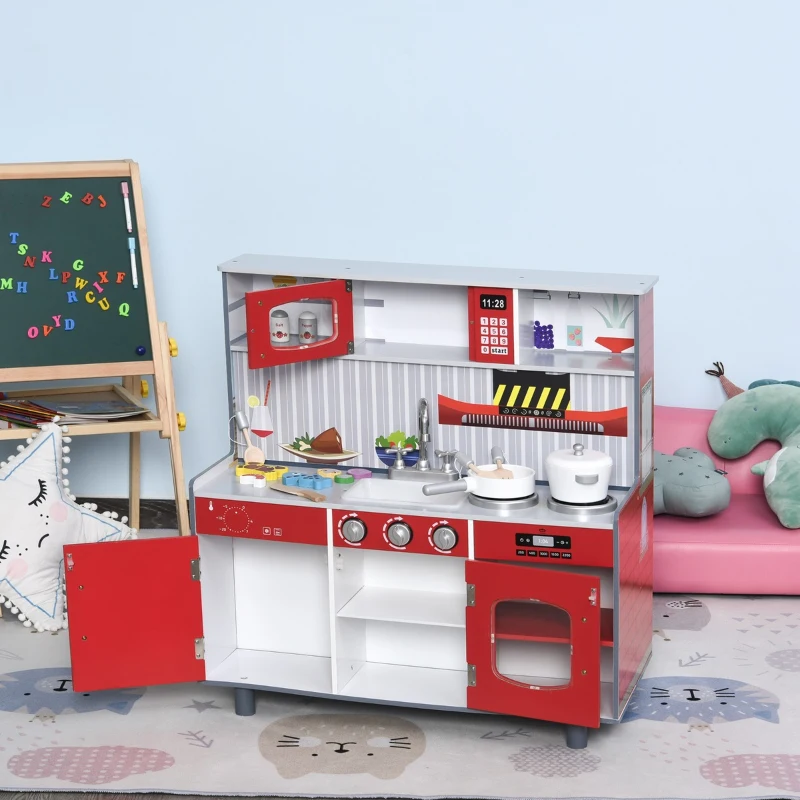 Qaba 2 in 1 Multifuction Kids Kitchen Play Set with Accessories Large Play Kitchen Red