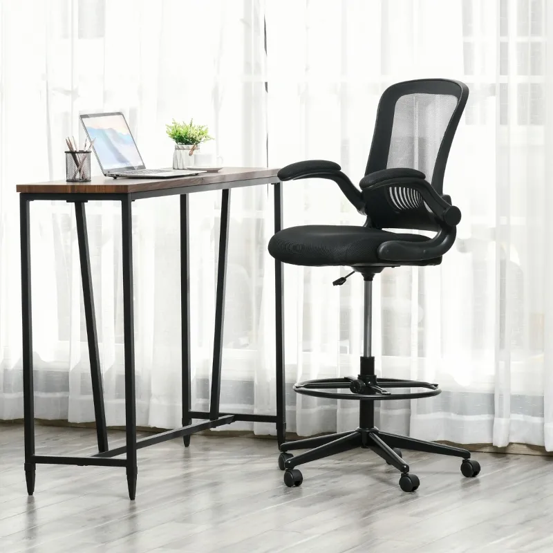 Vinsetto Tall Drafting Desk Chair Computer Desk Home Office Mesh Standing Chair with Mid Back, Foot Ring, Flip-up Arm, 360° Swivel Wheels, Black