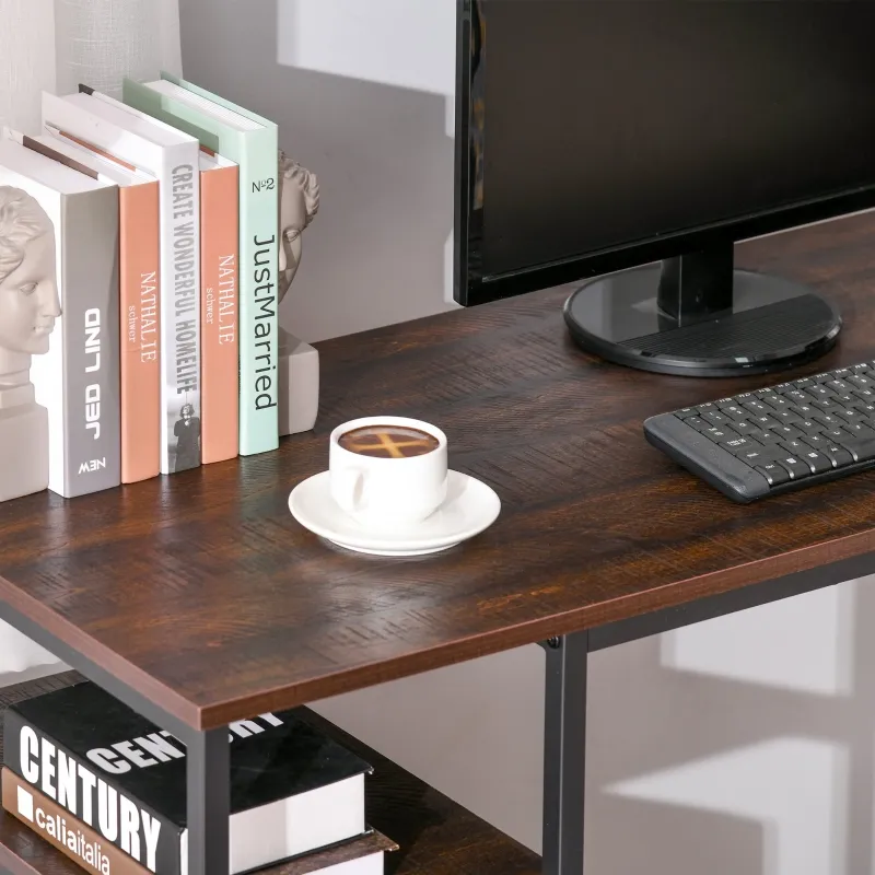 HOMCOM L-Shaped Home Office Desk with Bottom Tower Shelf, 3 Cube Shelves, Computer Writing Desk with Metal Frame, Walnut Brown