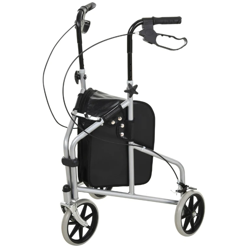HOMCOM Steel Walker for Seniors, Three Wheel Adjustable Height Rollator with Handbrakes and Storage Bag