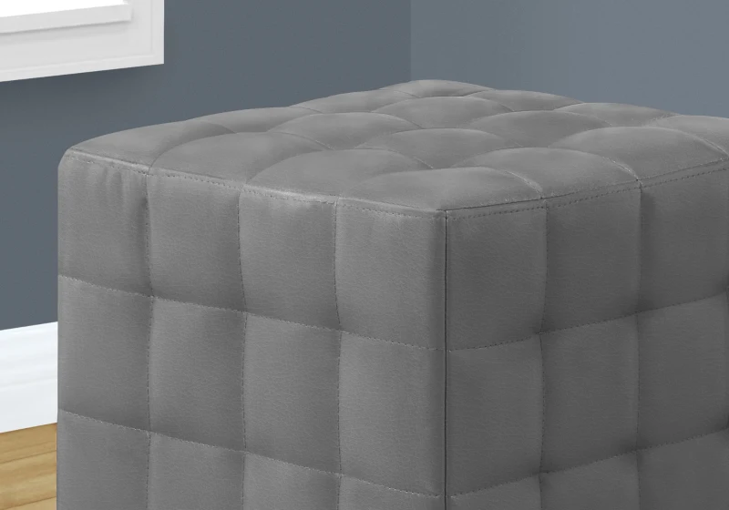 Monarch Tufted Cube Shaped Ottoman - Grey Leather-Look