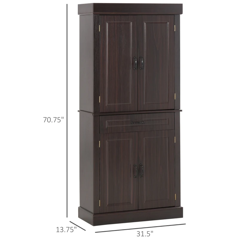 HOMCOM 71" Freestanding Kitchen Pantry Cabinet, Tall Storage Cabinet with 4 Doors and Drawer for Dining Room, Coffee