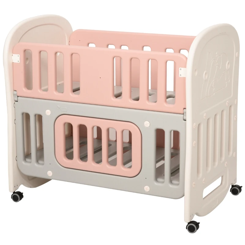 Qaba Baby Crib 3 In 1 Design Toddler Cot Cradle Beside Sleeping Cot with Storage Function Detachable Lockable Wheels for Infant Newborn Age 0 to 6 Months,Pink