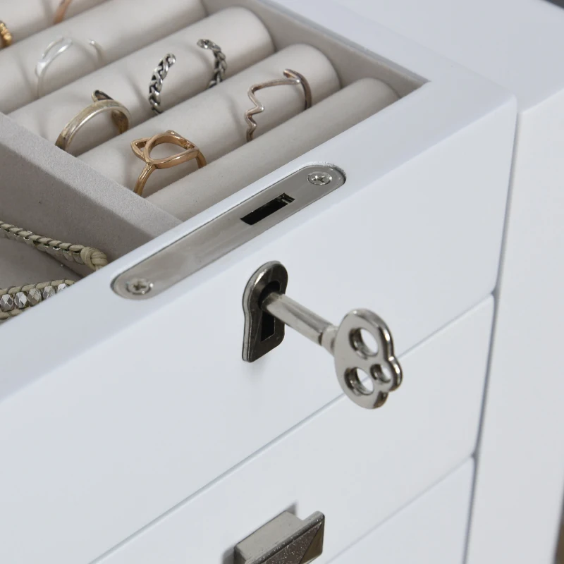 HOMCOM Tabletop Jewelry Box Beauty Organizer with Mirror, 6 Slot Shelves for Necklaces and Earrings, Lockable - White