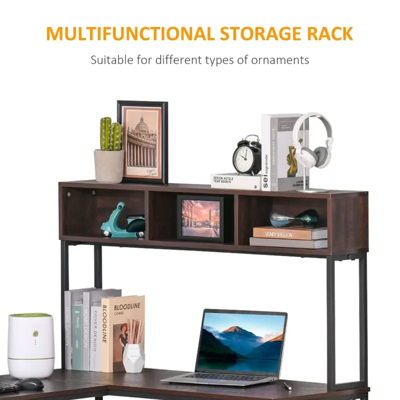 HOMCOM L-Shaped Home Office Desk with Bottom Tower Shelf, 3 Cube Shelves, Computer Writing Desk with Metal Frame, Walnut Brown