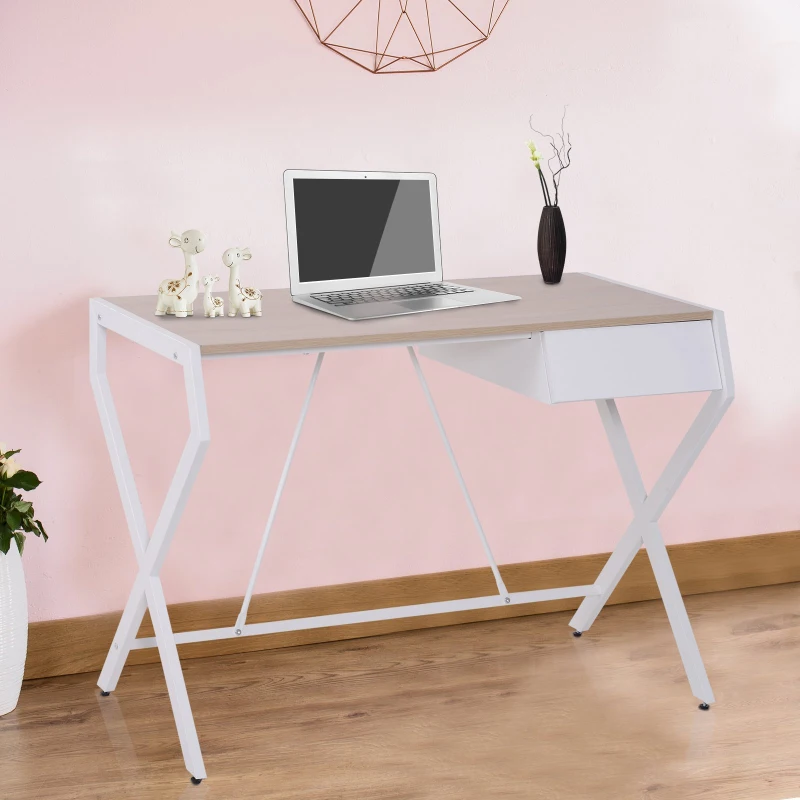 HOMCOM Wood Metal Modern Computer Desk  for Small Space with Slide Out Drawer