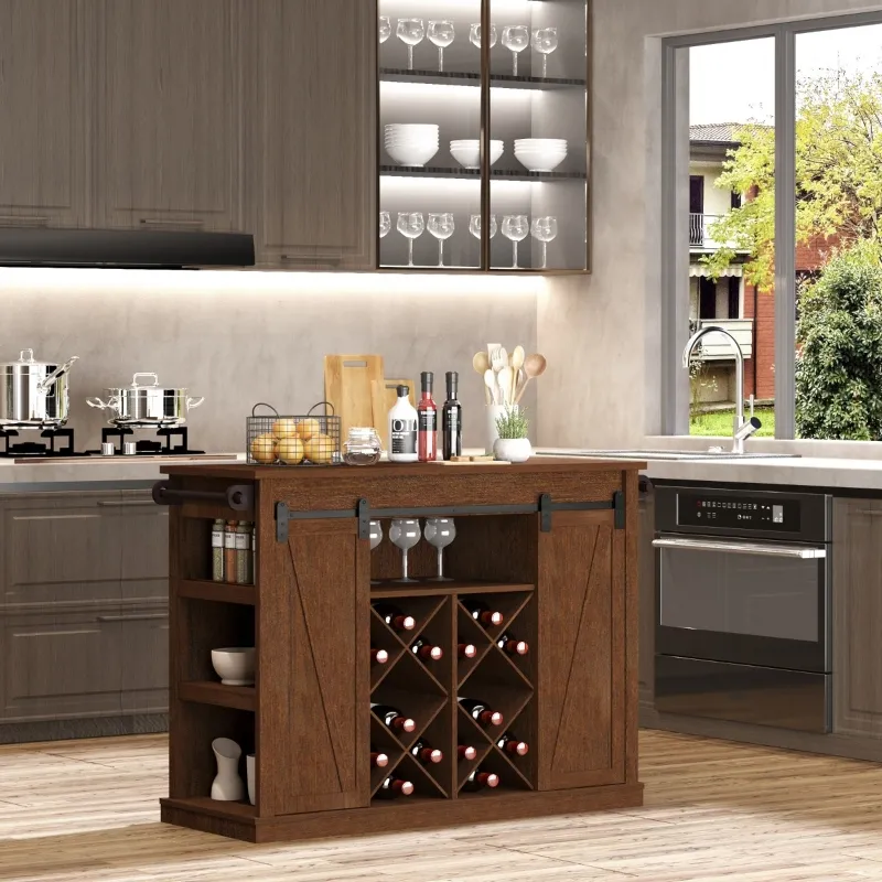 HOMCOM 53" Rolling Kitchen Island with Storage Shelves, Utility Kitchen Trolley Rolling Cart on Wheels with Sliding Barn Doors, Wine Rack and Towel Holders, Walnut
