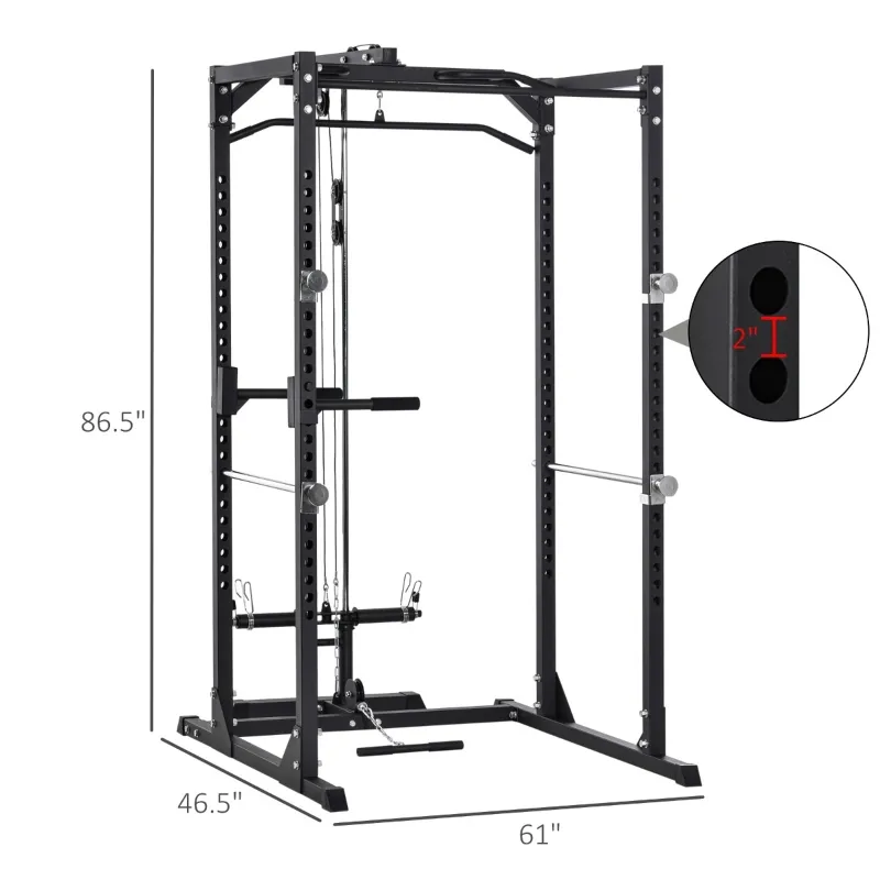 Soozier Multi-Functional Power Tower Dip Station Pull Up Bar Lat Pull Down Machine, Power Cage Fitness Equipment for Home Gym, Weightlifting Barbell Squat Rack, Dip Workout Station