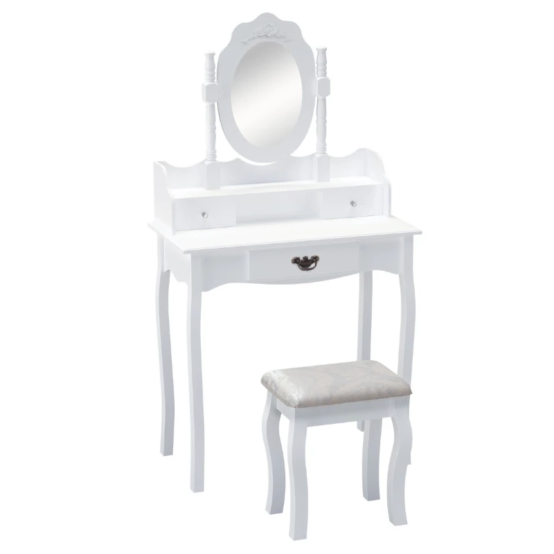 HOMCOM Vanity Table Set with Mirror and 3 Drawers, 360° Rotatable Wooden Makeup Dressing Table with Large Padded Stool, Gift for Women Girls, White