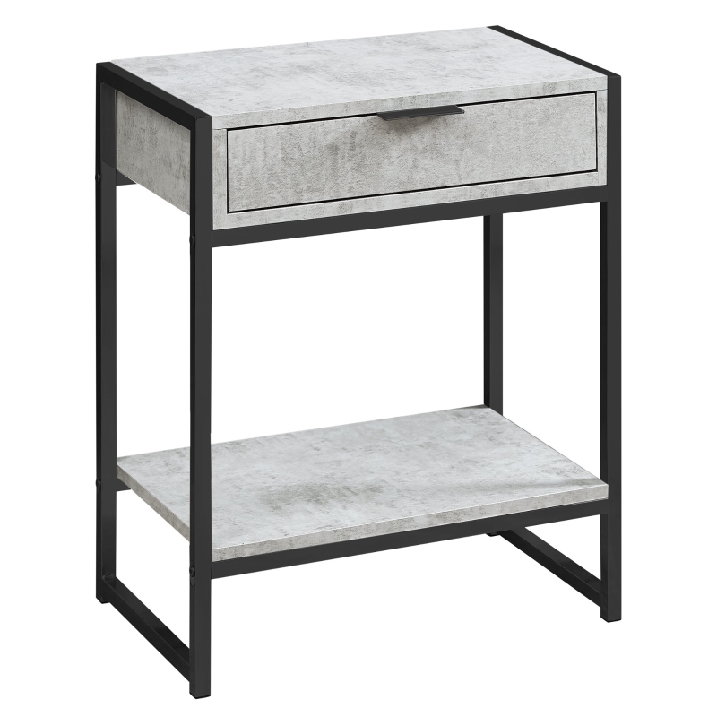 Monarch 24" Contemporary End Table Night Stand with Large Storage Drawer and Open Bottom Shelf - Grey Cement-Look / Black Nickel Frame