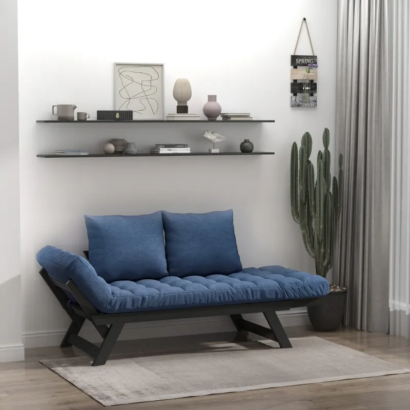 HOMCOM Single Person 3 Position Convertible Chaise Lounger Sofa Bed with 2 Large Pillows and Oak Frame, Dark Blue