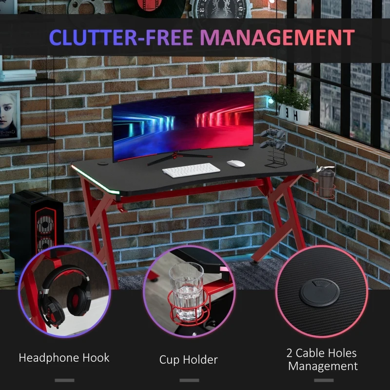 HOMCOM 47 Inch Gaming Desk with LED Lights and Remote Control, Racing Style Computer Table, Home Office Workstation with Cup Holder Headphone Hook, Black and Red