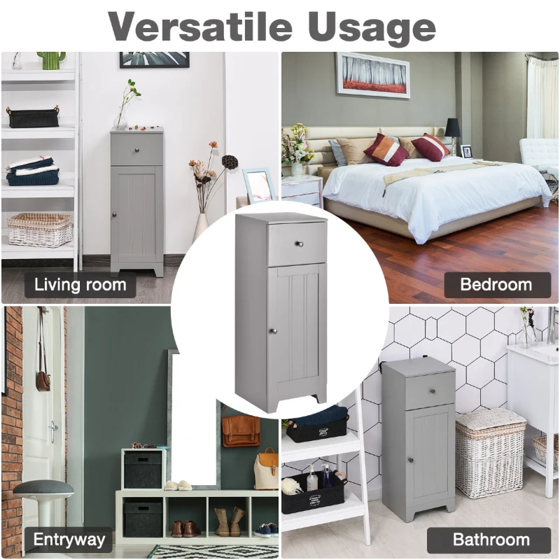 kleankin Short Bathroom Storage Cabinet, Cabinet Organizer with 1 Drawer and Adjustable Shelf for Living Room, Grey