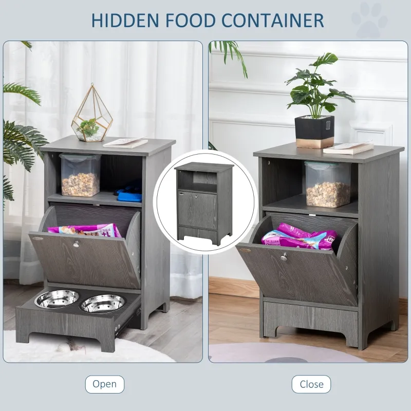 PawHut Pet Feeder Station Dog and Cat Food Storage Feeding Station Food Cabinet Pet Storage Organizer Grey