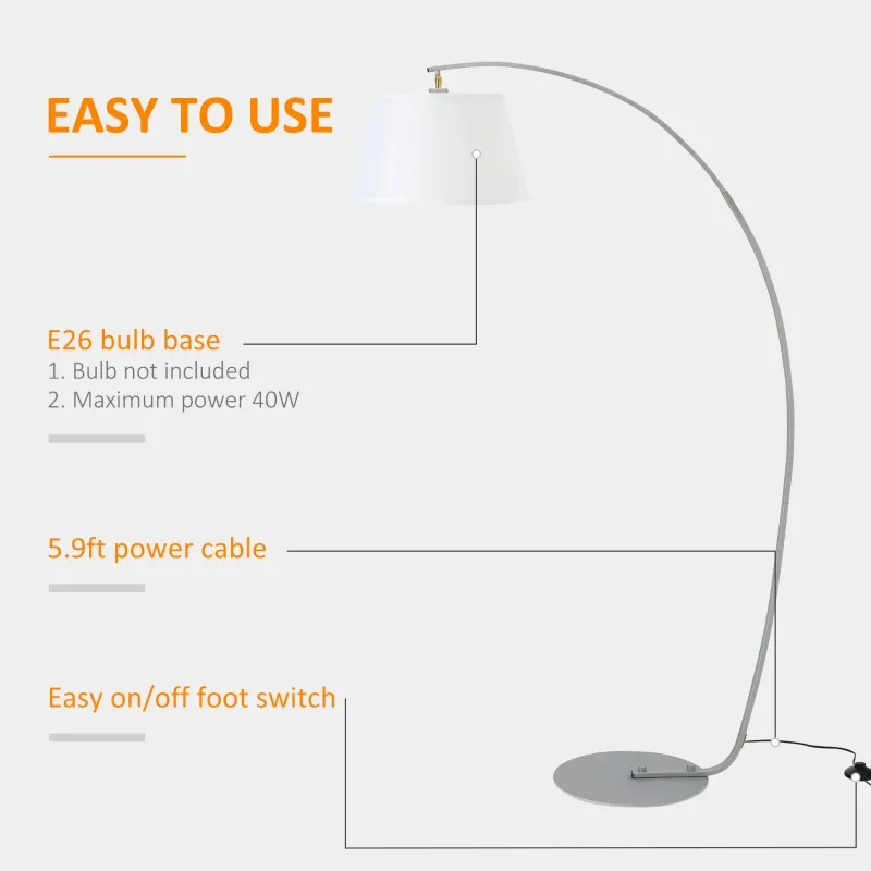 HOMCOM Arched Floor Lamp, Modern Standing Lamp with Foot Switch & Metal Base, Corner Reading Lamps Tall Pole Light for Office Bedroom Living Room, White