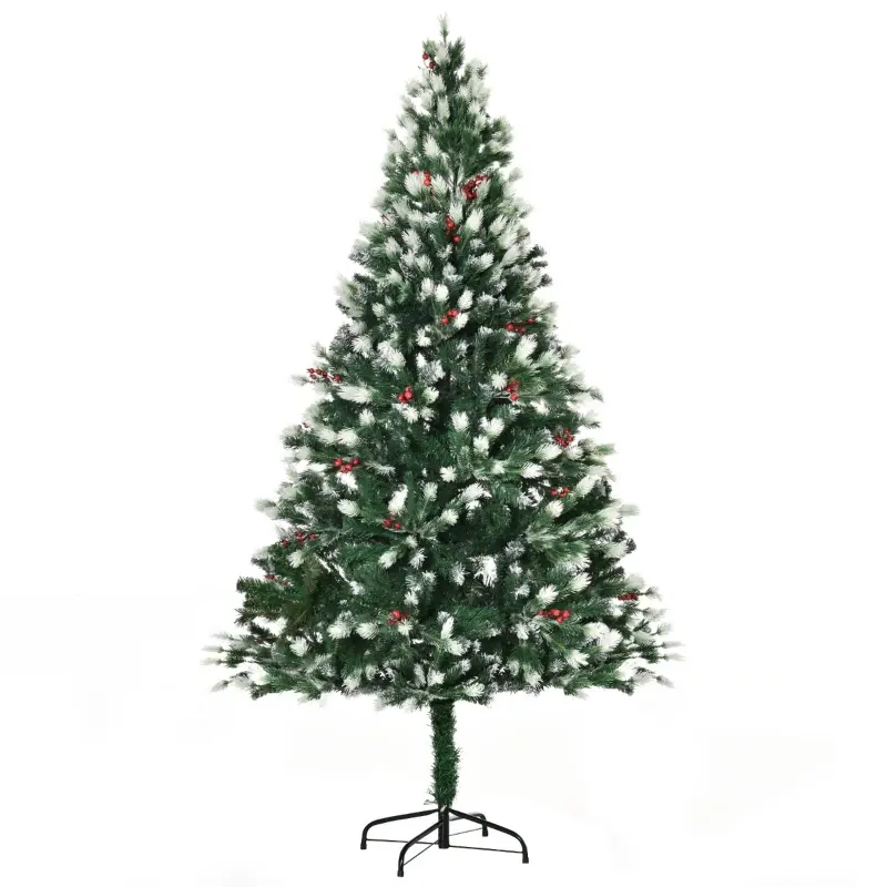 HOMCOM 6' Tall Unlit Snow-Flocked Fir Artificial Christmas Tree with Realistic Branches, Red Berries and 836 Tips, Green / White