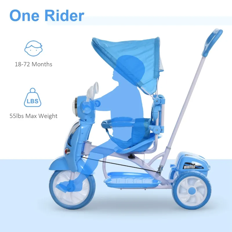 Qaba Kids Tricycle Ride-On Moped Canopy Tricycle with Stylish Design & Interactive Music & Lighting Functions, Gift for Baby Toddler Boys Girls, Blue