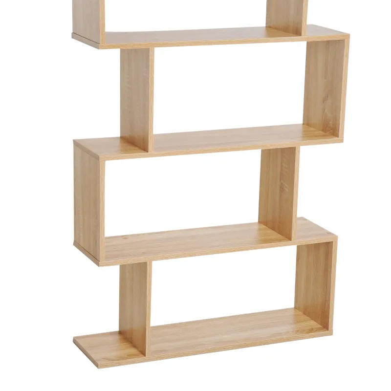 HOMCOM 75.5" H Bookcase 6 Shelf S-Shaped Bookshelf Wooden Storage Display Stand Shelf Organizer Free Standing, Oak