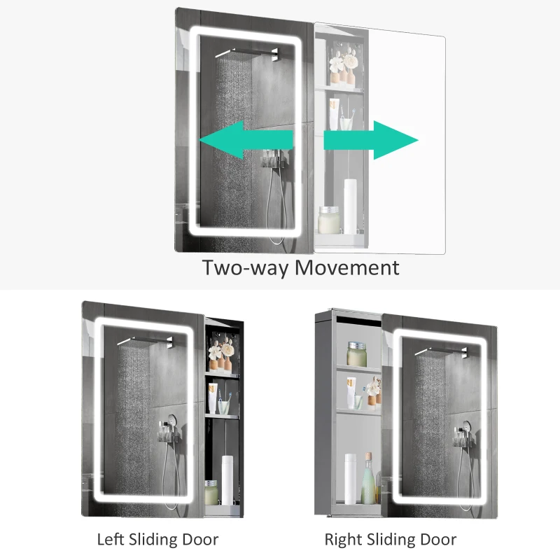 HOMCOM 30" LED Illuminated Wall Mirror Medicine Cabinet Bathroom Sliding Door Vertical Stainess Steel