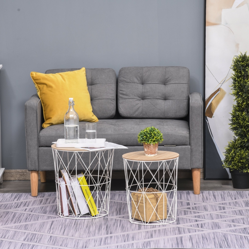 Homcom Set Of 2 Nesting Side Tables With Metal Wire Storage Basket Round Coffee Accent Table For Living Room Bedroom White And Natural End Aosom Canada Homcom Set Of 2 Nesting Side Tables, Round Coffee And End Table Sets Canada