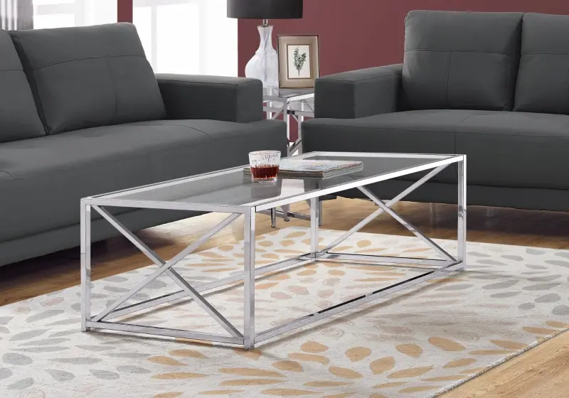Monarch 44" Contemporary Tempered Glass Coffee Table with X-Design Metal Base - Chrome