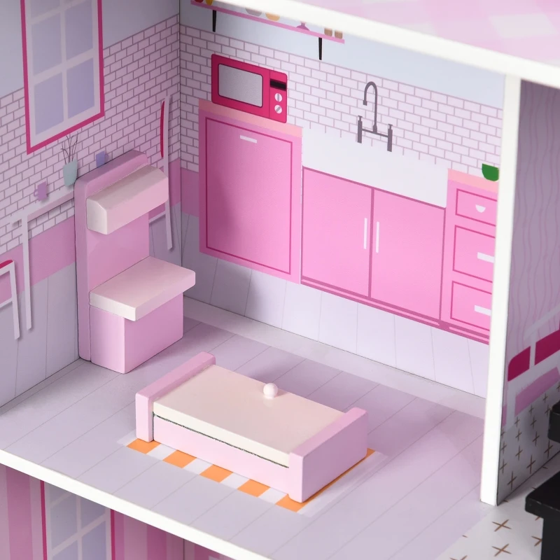 Qaba 2 in 1 Multifunctional Kids kitchen Doll House Toddler Pretend Play Toy Kitchen with Accessories Realistic Play Cooking Set for Girls Boys Pink