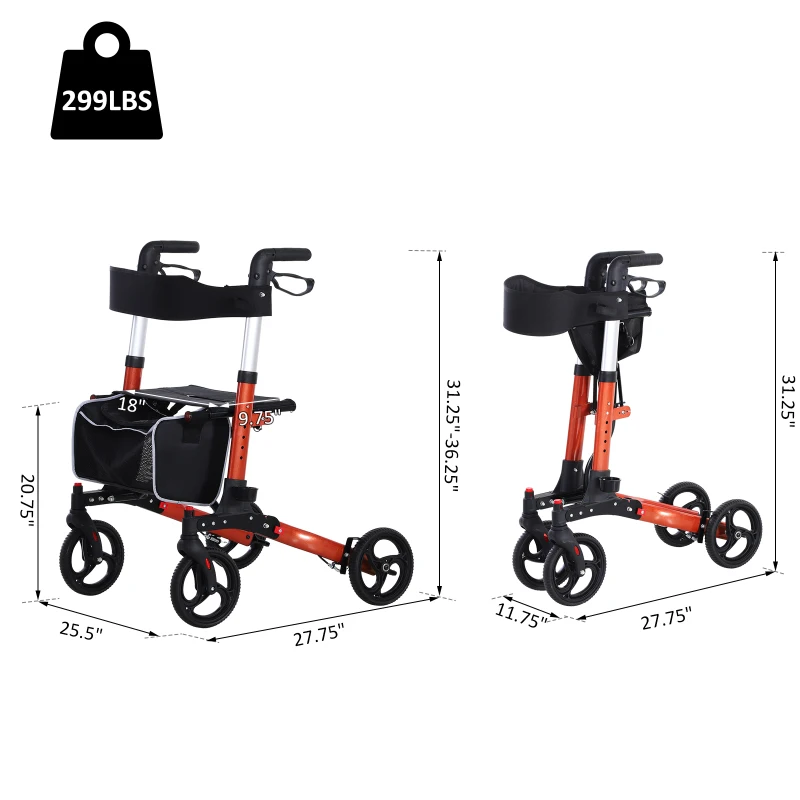 HOMCOM Aluminum Transport Rollator Walker 1-Step Open W/ Adjustable Seat  Bag  Crutch Holder