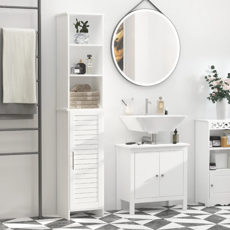 kleankin Tall Bathroom Floor Cabinet, Freestanding Linen Tower with Adjustable Shelf and Cupboard, Narrow Side Storage Organizer, White