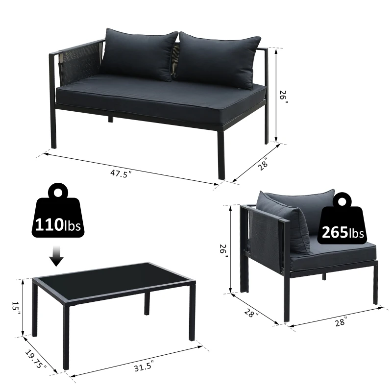 Outsunny 4pcs Garden Sectional Sofa Set Patio Lounge Set Steel Frame w/ Cushions Outdoor Yard Furniture Black