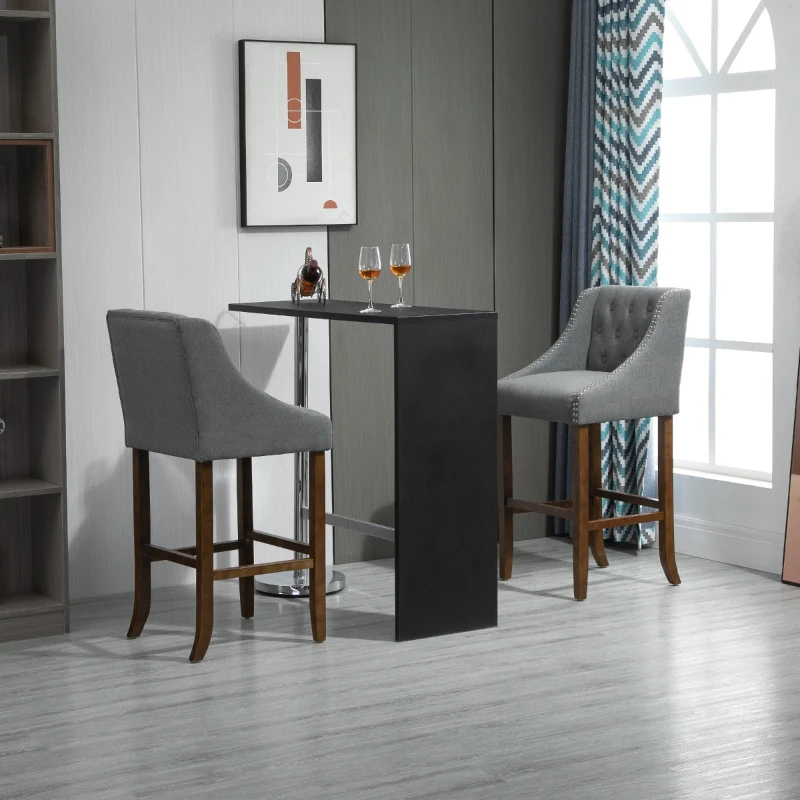 HOMCOM Modern Bar Height Bar Stools Set of 2, 30" Seat Height Bar Chair for Kitchen Living Room with Mid Back, Wood Legs, Nailhead Trim & Tufted Upholstery, Dark Grey
