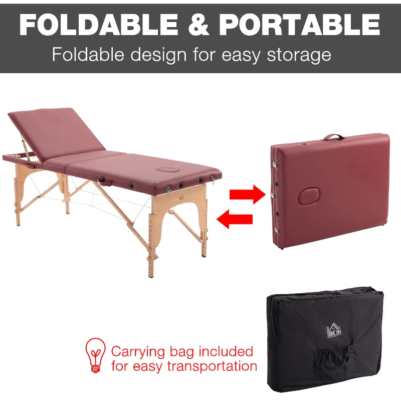 HOMCOM 3 Fold Massage Table w/ Carry Case Foldable Facial Spa Couch Dark Red